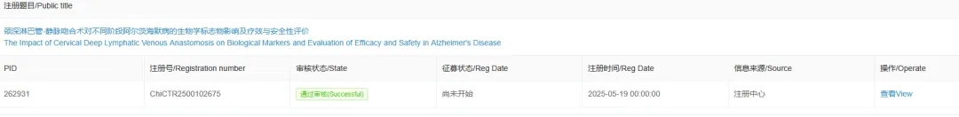 金阳医院颈深淋巴静脉吻合术（DCLVA）治疗阿尔茨海默病一期临床试验获批