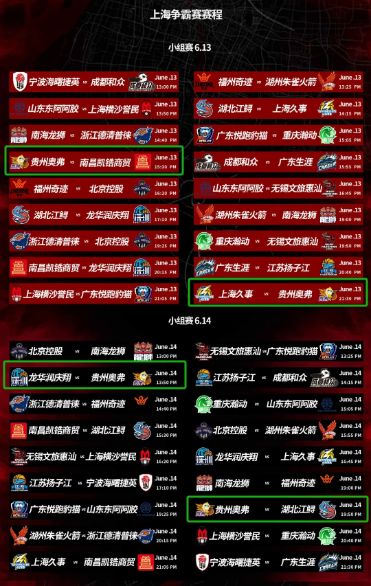 上海爭霸賽賽程。