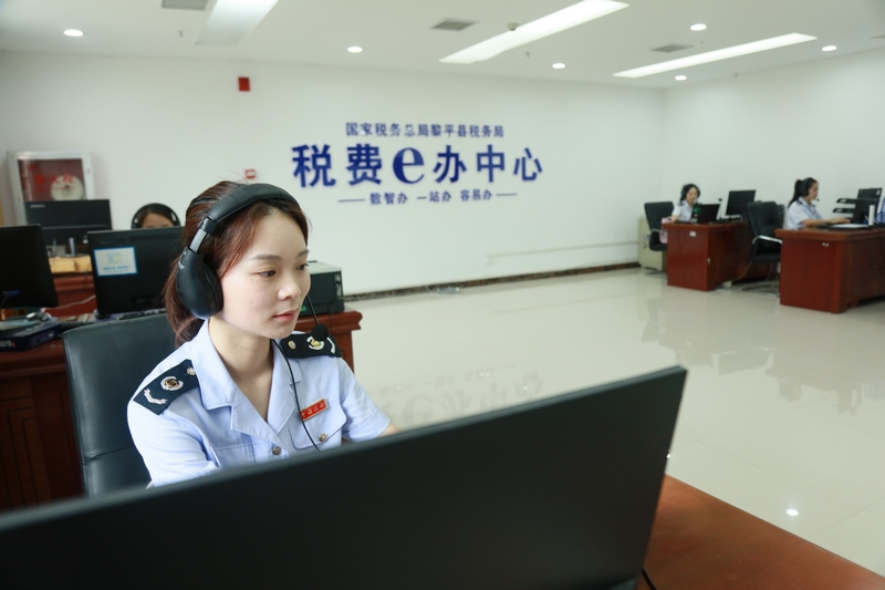 黎平县税务局税费e办中心工作人员为从江、榕江两地的纳税人解惑。