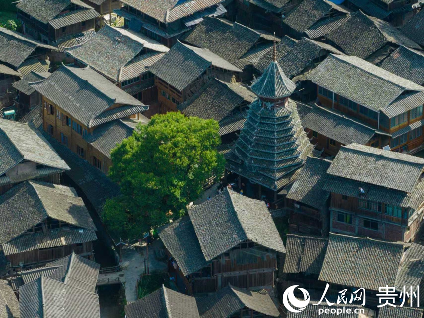侗寨内，鼓楼矗立在村居中心。人民网 阳茜摄
