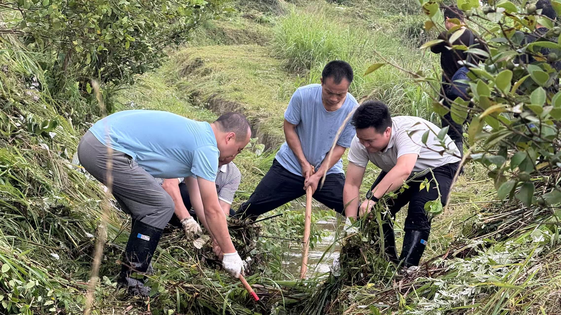 贵州省松桃县正大镇党员干部清理疏通沟渠。