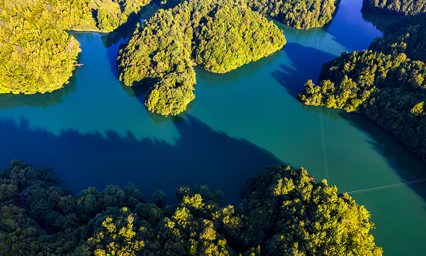 2025年8月14日航拍的贵州省毕节市百里杜鹃管理区境内的百里杜鹃湖。 