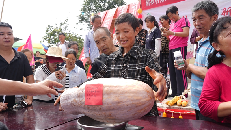 村民们纷纷带着自家的农作物进行“农作物称重大比拼”。