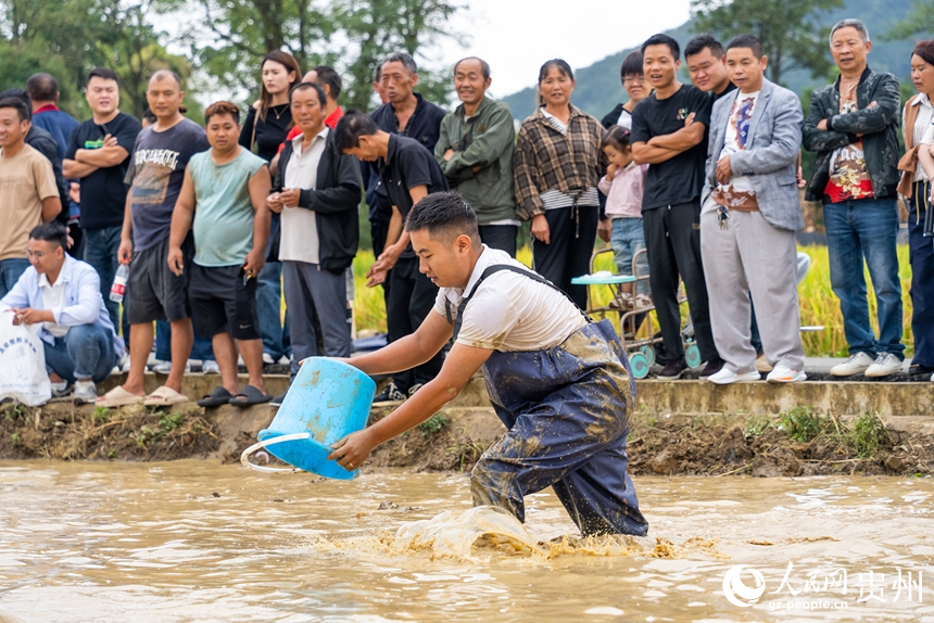 摸魚比賽現場，參賽選手用水桶捉魚。人民網記者 涂敏攝