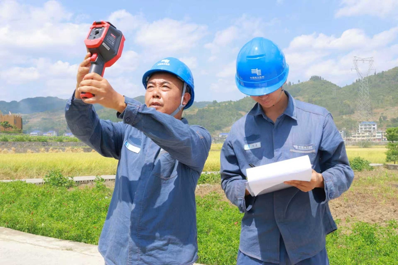 供电局工作人员用测温仪沿着田间电力线路逐杆、逐段排查。