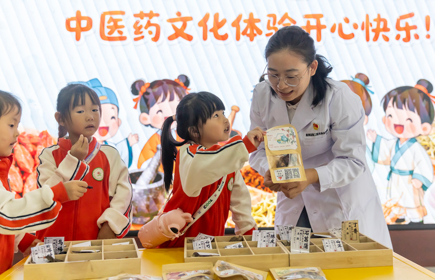 学生在施秉县民族中医院医生的指导下学习认识中草药。