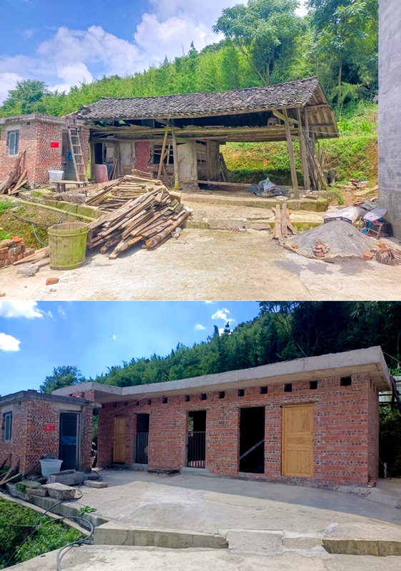 桑木镇银厂村农户王月成圈舍改造前后对比，木质结构主体到红砖砌成的主体。