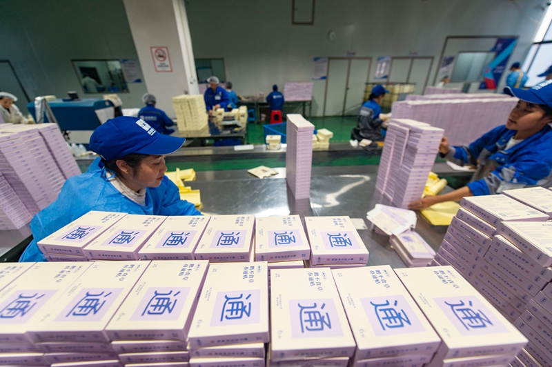 11月11日，在贵州省从江县美娥工业园区的一家药企，工人在生产车间赶制订单。
