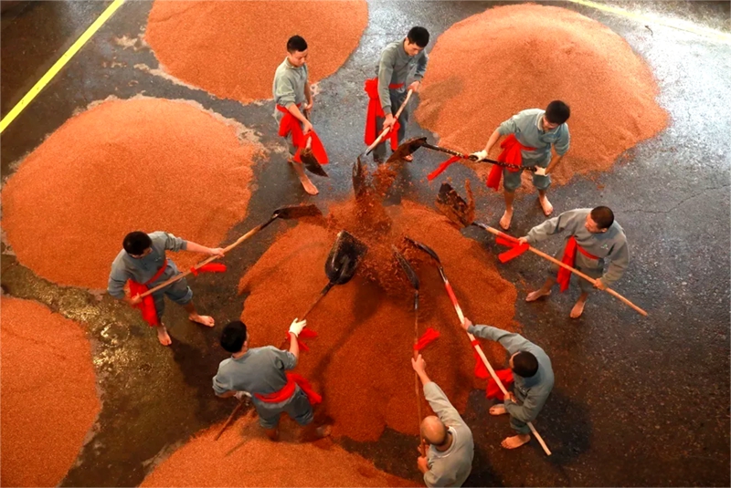 习水白酒企业生产车间热闹的生产场景。