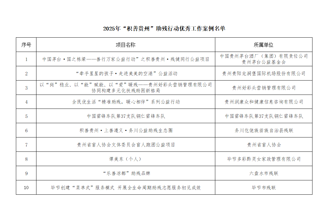 2025年“积善贵州”助残行动优秀工作案例名单截图.