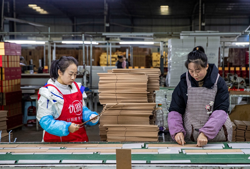 2025年12月17日，工人在貴州省金沙縣經濟開發區一家白酒包裝企業車間生產線上作業。