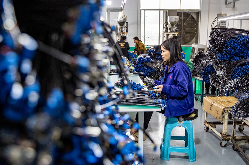 2025年12月17日，工人在貴州省金沙縣經濟開發區一家數據線生產企業車間生產線上作業。