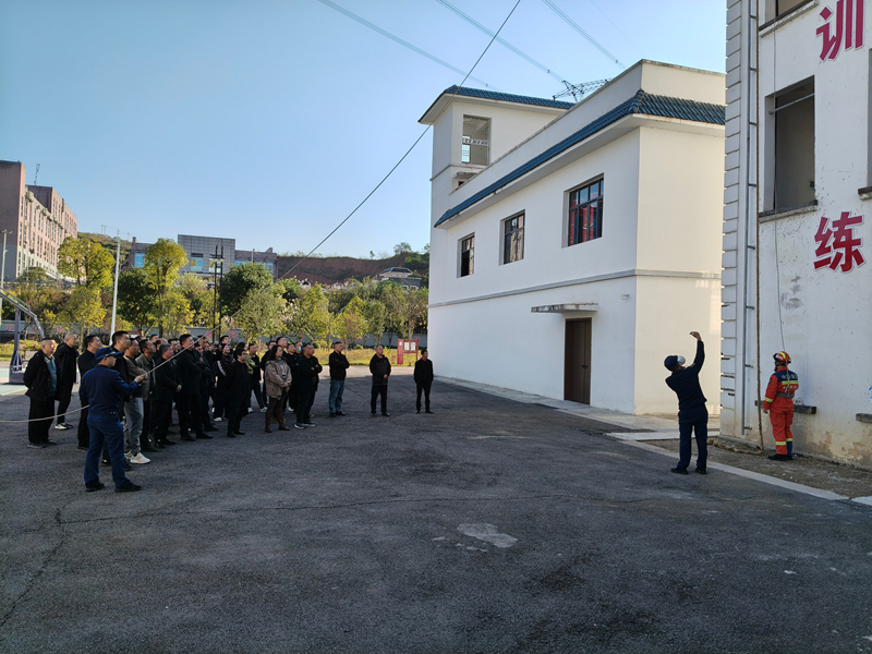 职工观摩消防指战员开展绳索攀爬。