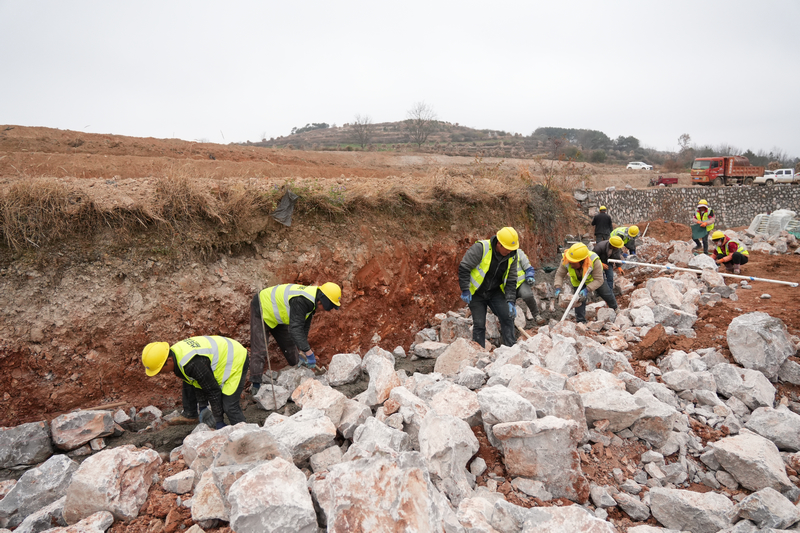 12月24日，在威寧自治縣2025年高標准農田建設項目迤那鎮櫻桃村項目區，施工人員分工協作，正在砌筑田坎。陳逍攝