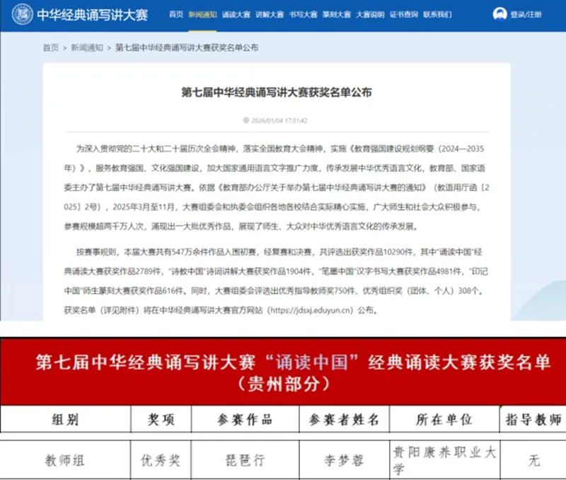 1.贵阳康养职业大学在第七届中华经典诵写讲大赛“诵读中国”经典诵读大赛中获佳绩。