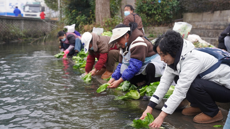 游客和当地寨邻一起洗菜。