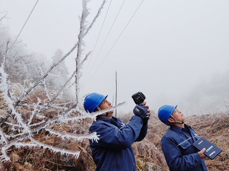 在遵义市务川仡佬族苗族自治县泥高镇栗园村，南方电网贵州遵义务川供电局工作人员对10千伏浞栗线开展覆冰和测温巡视。王君辉 摄.jpg
