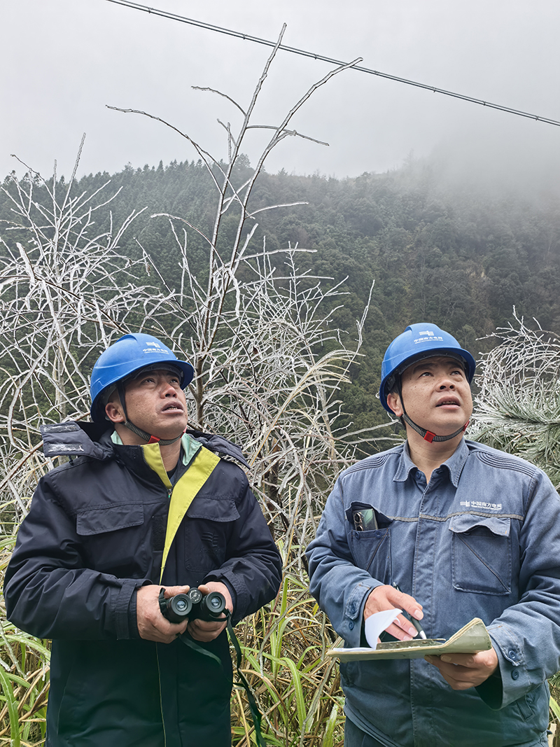 南方電網榕江供電局工作人員對榕江縣月亮山區海拔較高的10千伏耶水線進行觀冰巡線。胡乾攝
