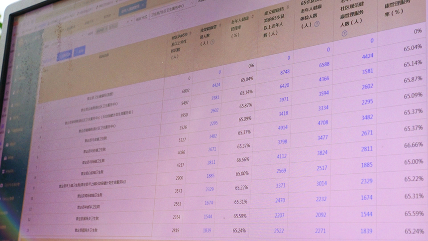 圖為老年人體檢錄入系統，詳細地記錄著“免費為全縣65歲及以上老年人開展健康體檢1次”這項民生工程的溫暖刻度。