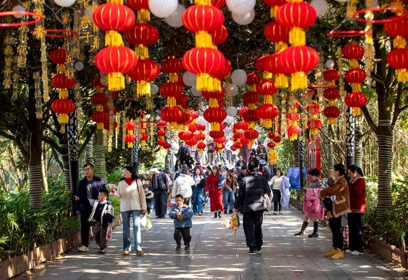 市民在挂满红灯笼的黔西市水西公园游玩。