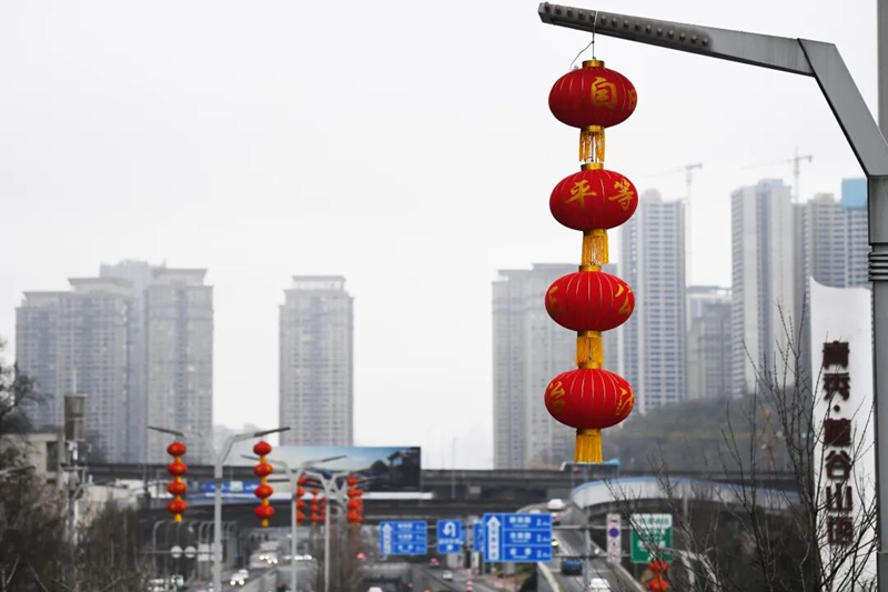 2月9日，花冠路燈杆上懸挂的大紅燈籠格外醒目。
