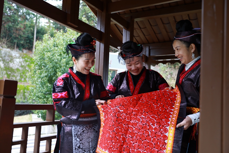 國家級非遺名錄《苗族服飾》省級代表性傳承人楊麗和繡娘正在查看制作好的紅繡繡片。楊家孟 攝