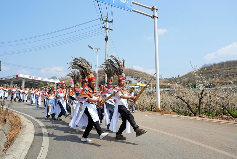 貴州省畢節市納雍縣厙東關鄉萬畝櫻桃花觀光步道上,櫻桃花節系列活動“迎春神”民族巡游儀式現場。 楊 英 攝.jpg