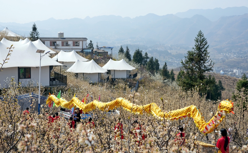 貴州省畢節市納雍縣厙東關鄉萬畝櫻桃花觀光步道上,櫻桃花節系列活動“迎春神”民族巡游儀式現場。 楊 英 攝.jpg