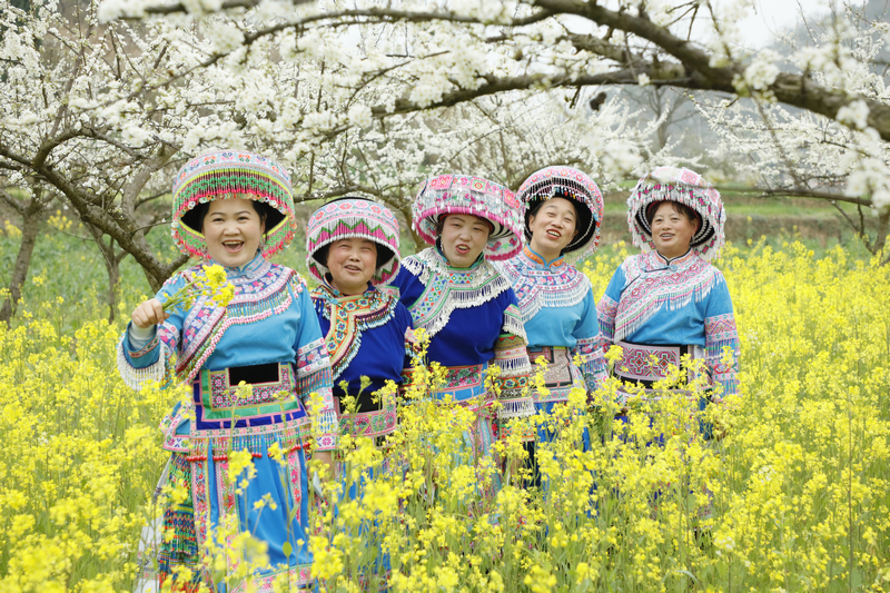 当地村民身穿自身少数民族在油菜花田里游玩 。姜继恒摄