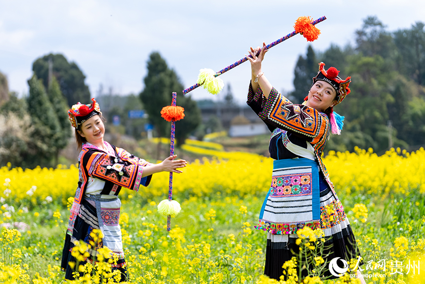 王崗村內，身穿苗族傳統服飾的姑娘在油菜花田內跳苗族花棍舞。人民網記者 涂敏攝