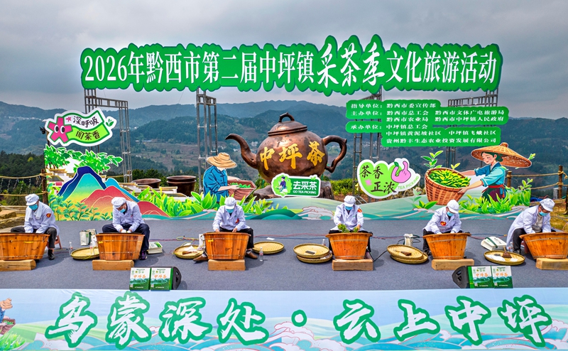 2026年3月26日，村民在貴州省黔西市中坪鎮黃泥坡社區茶園開展手工制茶比賽（無人機照片）。