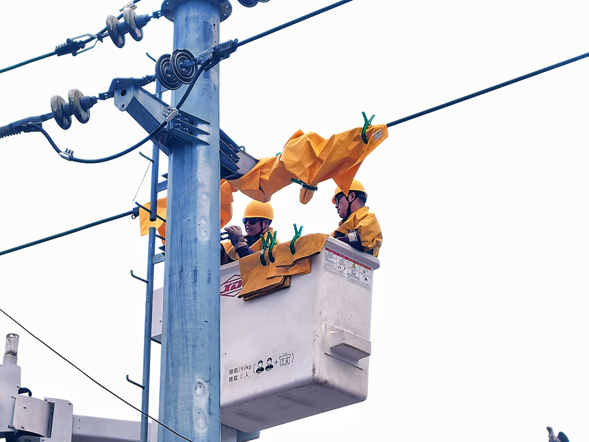 1、南方電網貴州凱裡三穗供電局工作人員對10千伏穗黃線彩虹支線17號杆，開展三相引流線搭接作業，保障轄區用戶用電安全平穩。唐詩瑤攝