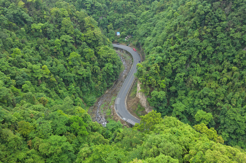 生機勃勃的烏讀山與穿境而過的沿山公路鳥瞰圖。