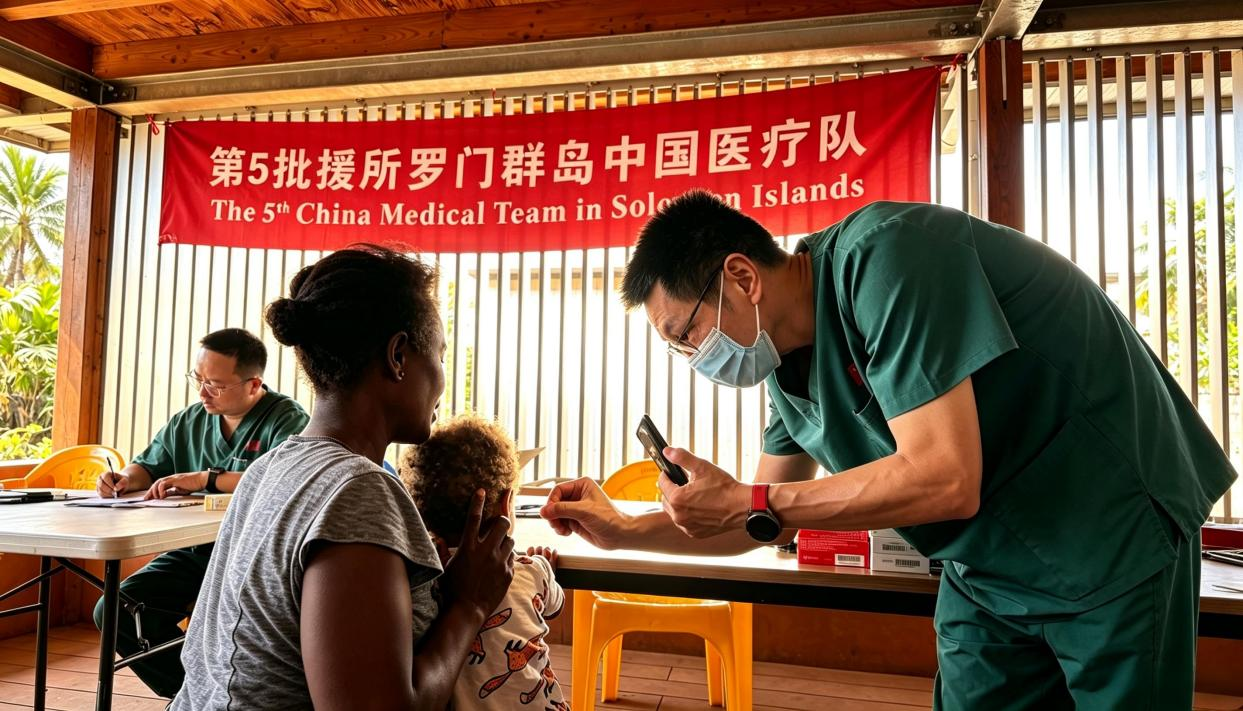 第5批援所罗门群岛中国医疗队队长、神经外科主任医师出良钊为中耳炎患儿检查