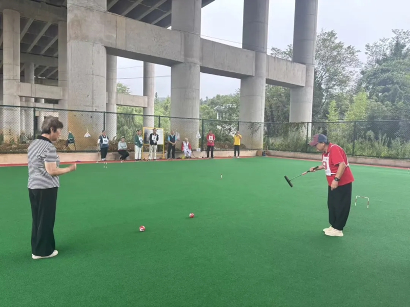 羊昌镇门球场上，旅居客人们正在挥杆切磋门球技艺  王璐璐 摄.jpg