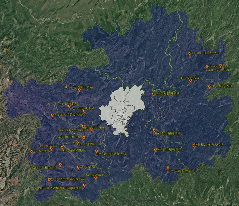 1 图为贵州27个高通量超级基站站点分布卫星图，呈现各基站布设点位。