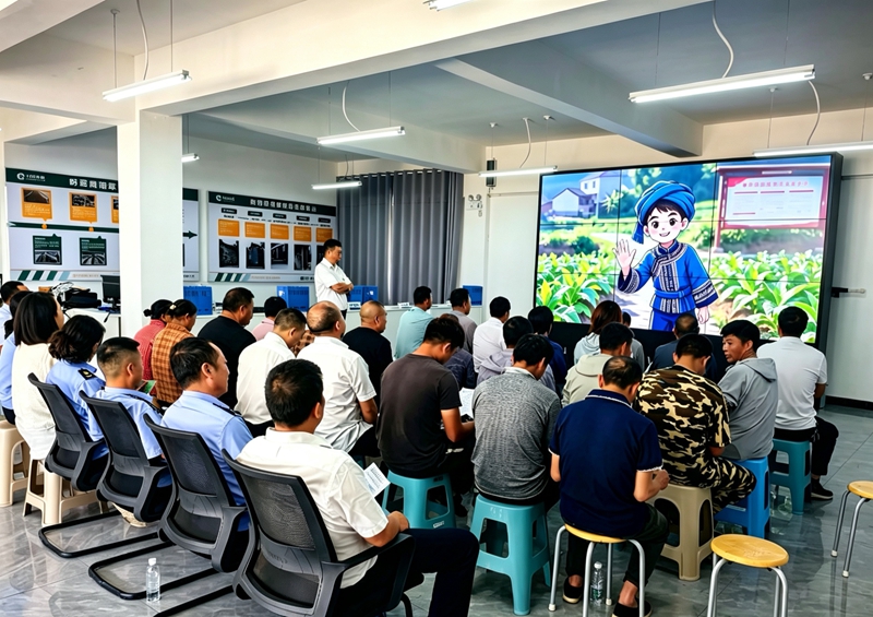 （1 贵州省黔西南州烟草专卖局楼纳片区干部职工与烟农朋友一同观看普法宣传片。）