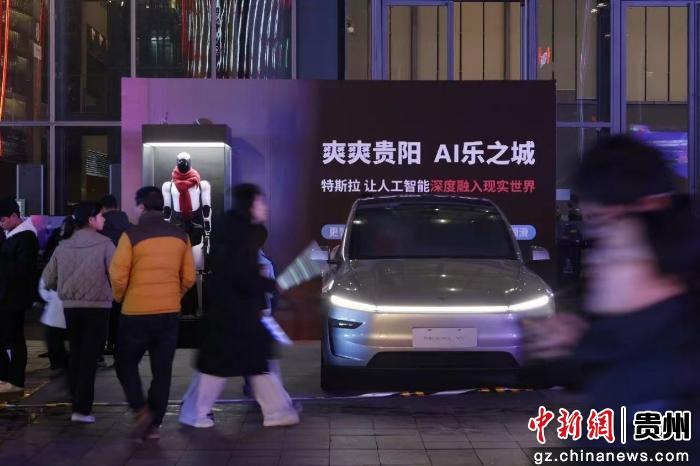 图为特斯拉新能源汽车及人形机器人亮相贵阳音乐节，吸引市民驻足了解。（受访者供图）