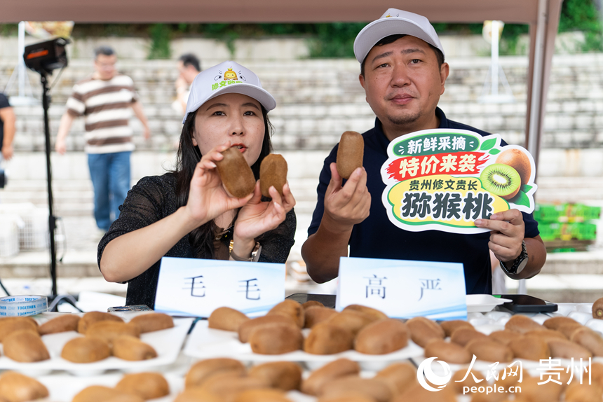 3 活动现场，商家在电商平台直播销售猕猴桃。人民网记者 涂敏摄