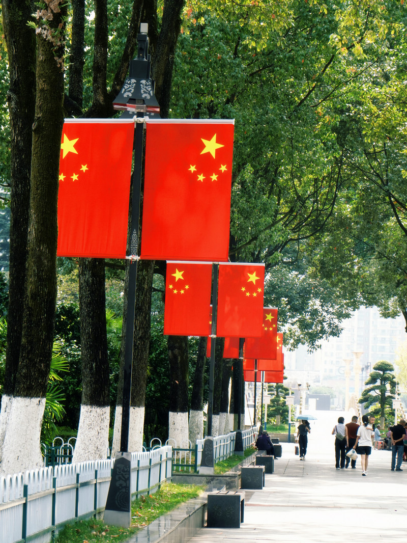 在仁怀城区主干道，鲜红的五星红旗与整洁的街道、靓丽的绿植相互映衬。