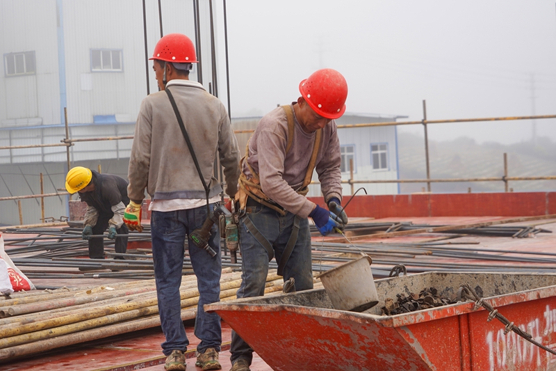 在贵尔格饲料厂改扩建施工现场，工人在有序施工。（赵庆能 摄）.JPG